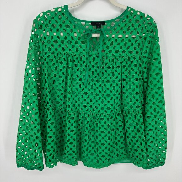 J. Crew Tiered Top in Embroidered Eyelet L Sheer Long Sleeves AM637 Green - Picture 3 of 9
